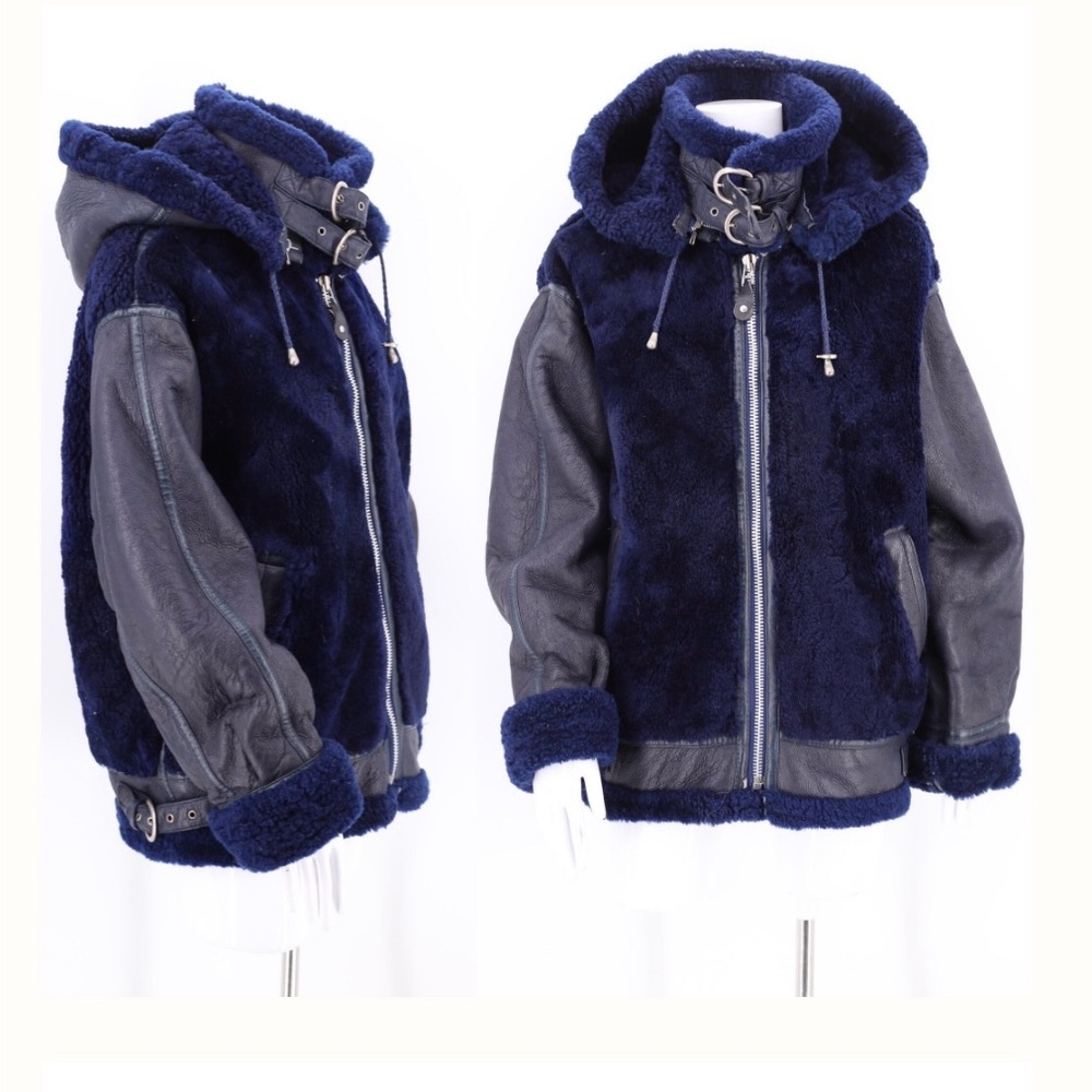 Vintage shearling bomber jacket XL / 80s navy leather fur motorcycle jacket